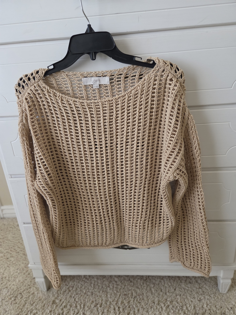 LOFT Beige Open-Weave Boatneck Cropped Sweater Size M